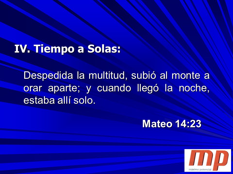 IV. Tiempo a Solas: Despedida la multitud, subió al monte a orar aparte; y cuando llegó la noche, estaba allí solo.