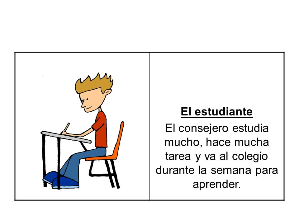 El estudiante El consejero estudia mucho, hace mucha tarea y va al colegio durante la semana para aprender.