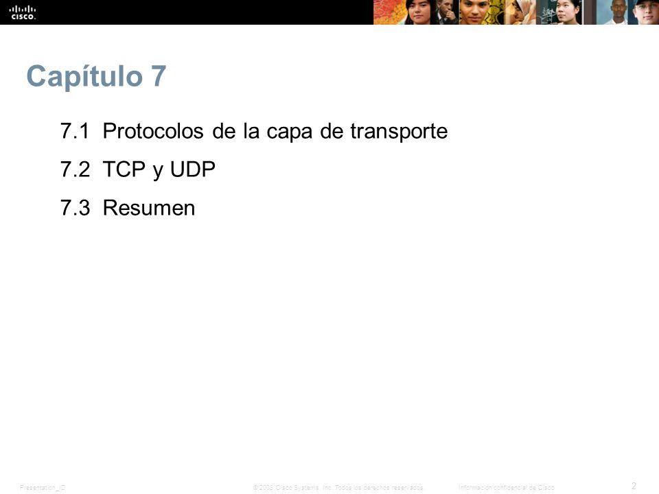Capítulo Protocolos de la capa de transporte 7.2 TCP y UDP 7.3 Resumen Capítulo 5
