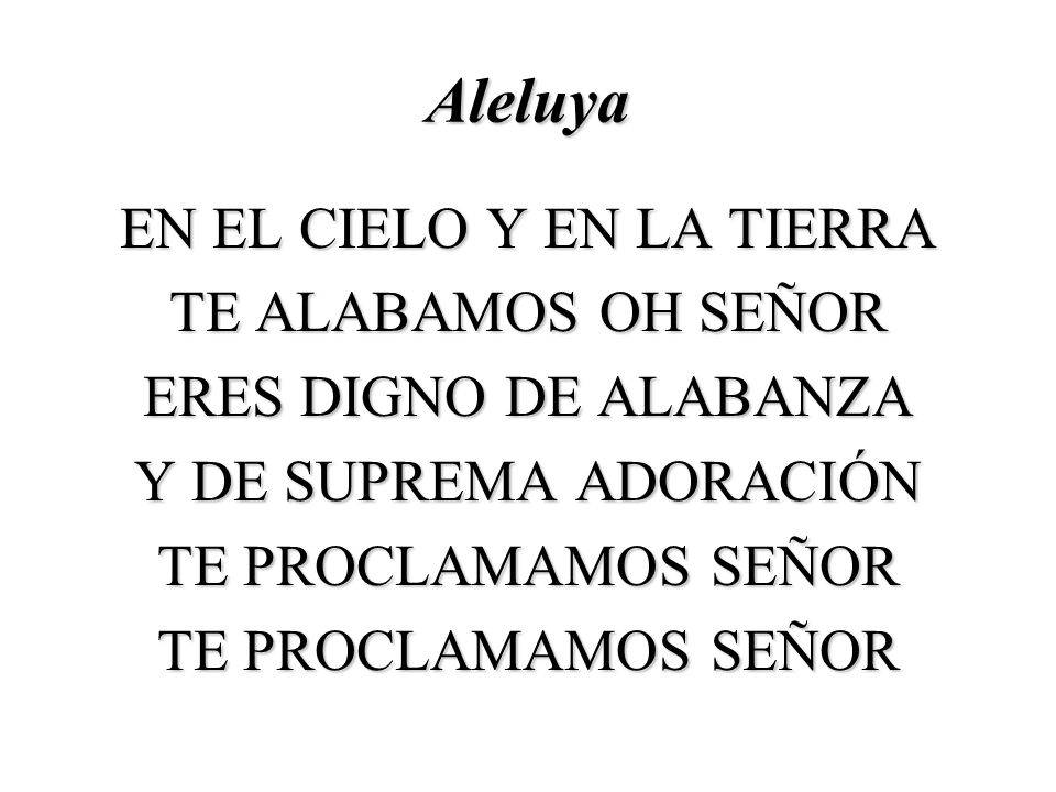 Aleluya EN EL CIELO Y EN LA TIERRA TE ALABAMOS OH SEÑOR ERES DIGNO DE ALABANZA Y DE SUPREMA ADORACIÓN TE PROCLAMAMOS SEÑOR