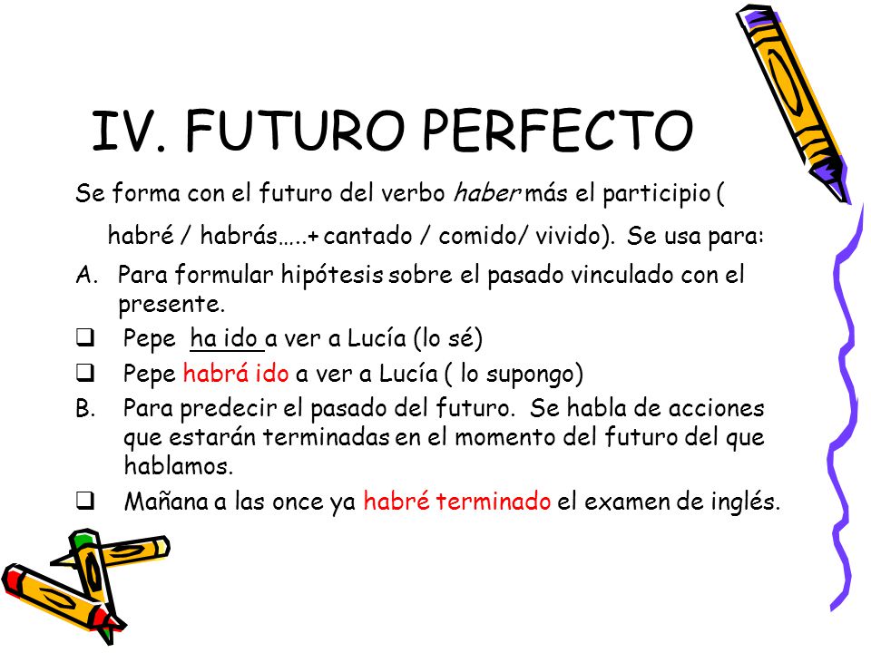 IV. FUTURO PERFECTO Se forma con el futuro del verbo haber más el participio ( habré / habrás…..+ cantado / comido/ vivido). Se usa para: