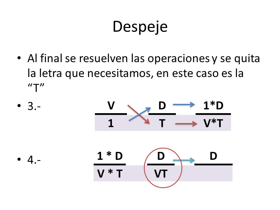 Despeje Al final se resuelven las operaciones y se quita la letra que necesitamos, en este caso es la T