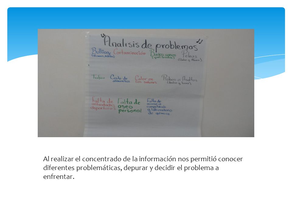 Al realizar el concentrado de la información nos permitió conocer diferentes problemáticas, depurar y decidir el problema a enfrentar.