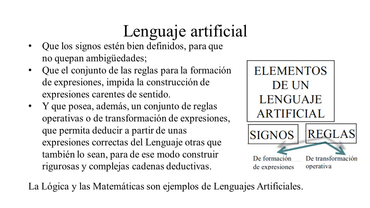 Lenguaje artificial Que los signos estén bien definidos, para que no quepan ambigüedades;