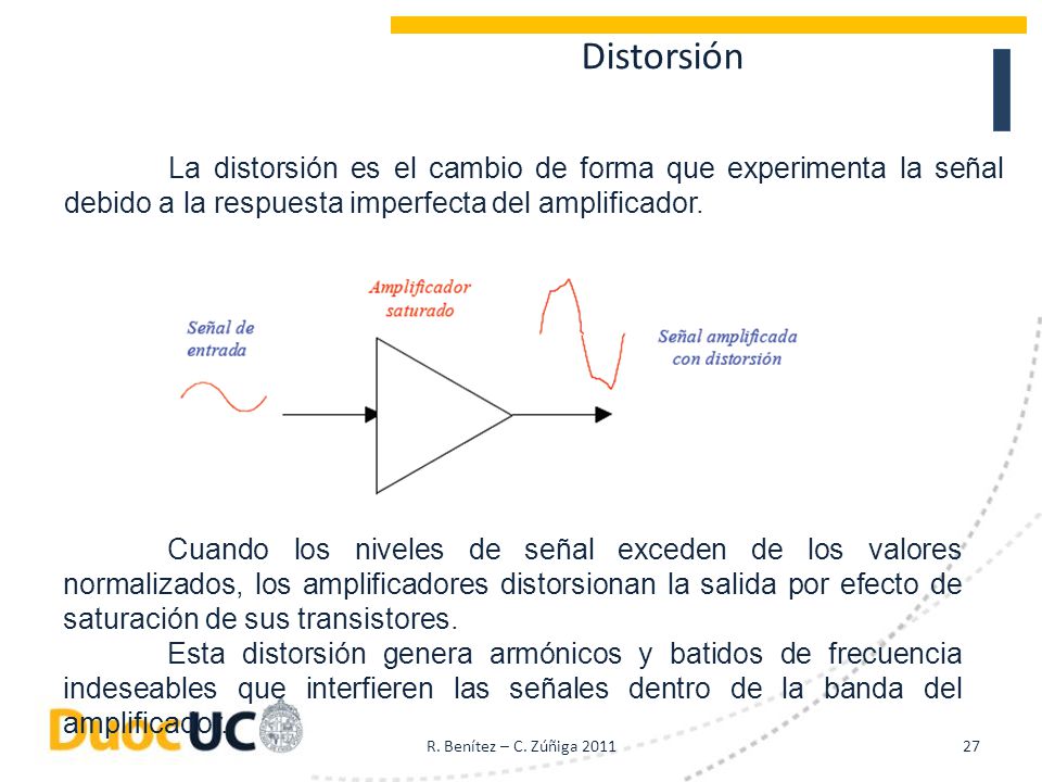 Distorsión La distorsión es el cambio de forma que experimenta la señal debido a la respuesta imperfecta del amplificador.