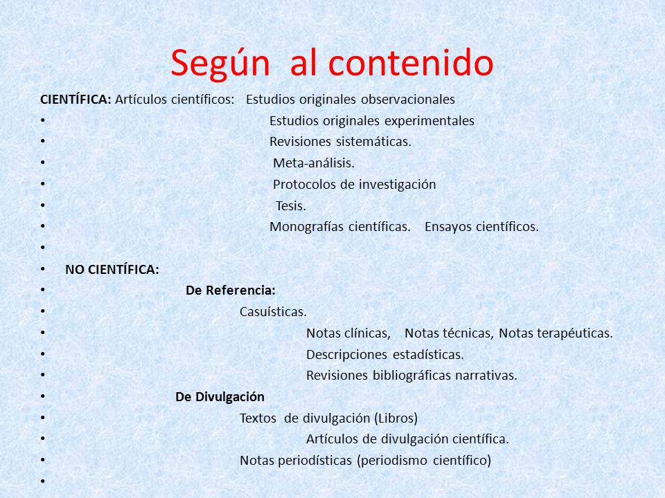 Según al contenido CIENTÍFICA: Artículos científicos: Estudios originales observacionales. Estudios originales experimentales.