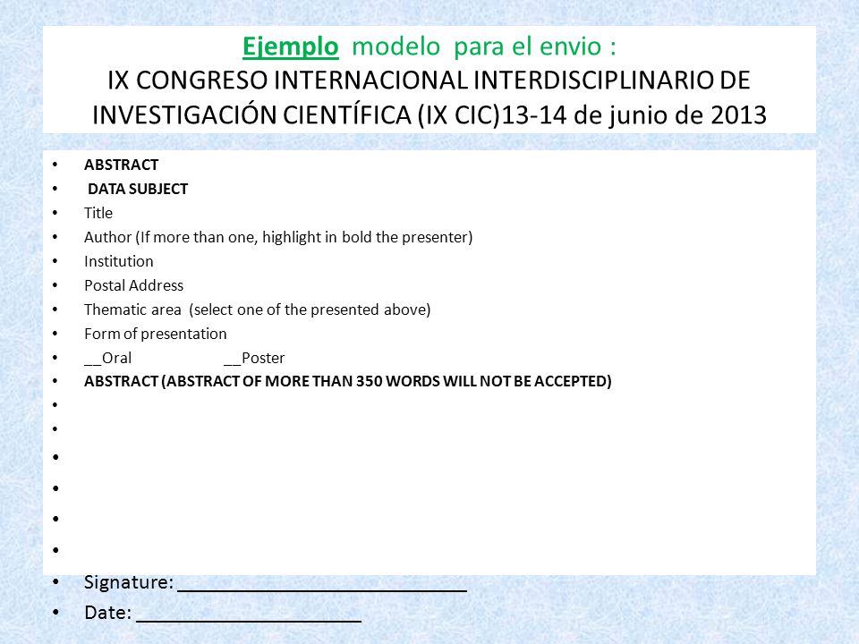 Ejemplo modelo para el envio : IX CONGRESO INTERNACIONAL INTERDISCIPLINARIO DE INVESTIGACIÓN CIENTÍFICA (IX CIC)13-14 de junio de 2013