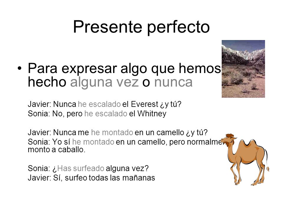 Presente perfecto Para expresar algo que hemos hecho alguna vez o nunca. Javier: Nunca he escalado el Everest ¿y tú