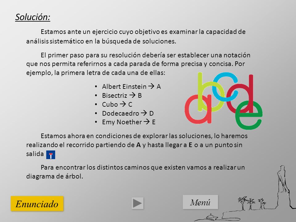 Solución: Estamos ante un ejercicio cuyo objetivo es examinar la capacidad de análisis sistemático en la búsqueda de soluciones.