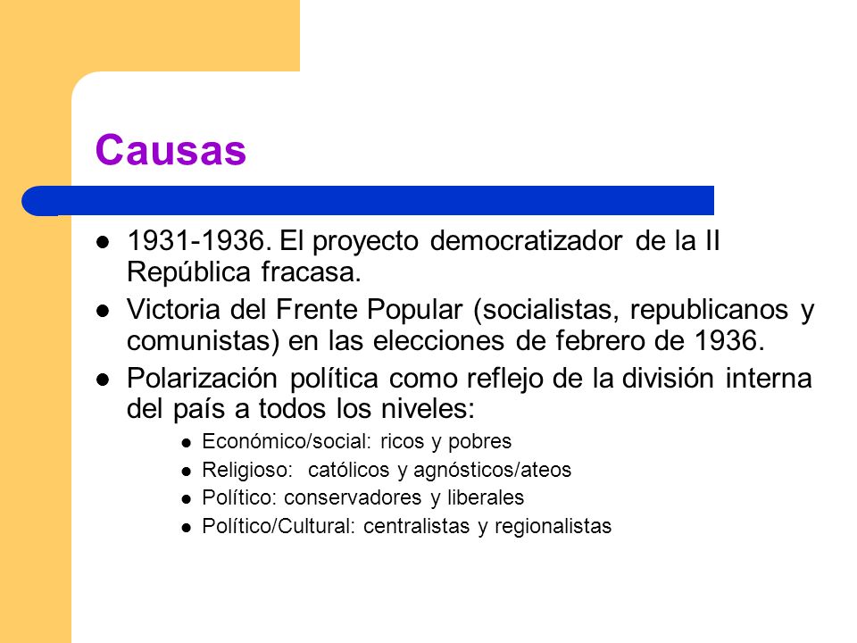 Causas El proyecto democratizador de la II República fracasa.