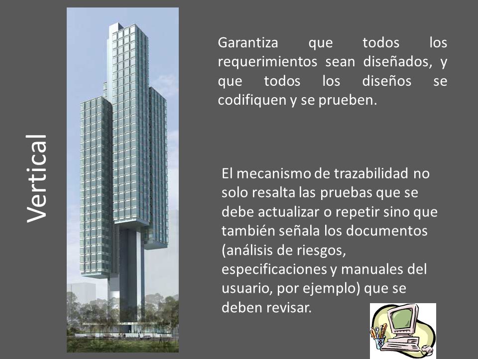 Garantiza que todos los requerimientos sean diseñados, y que todos los diseños se codifiquen y se prueben.