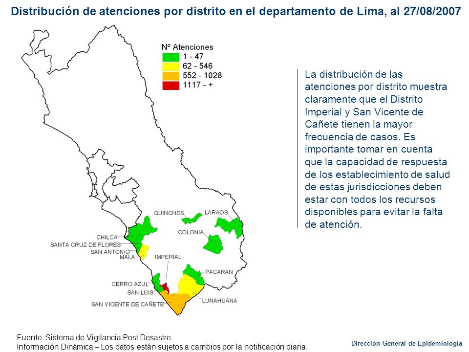 Distribución de atenciones por distrito en el departamento de Lima, al 27/08/2007