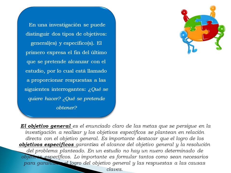 En una investigación se puede distinguir dos tipos de objetivos: general(es) y específico(s). El primero expresa el fin del último que se pretende alcanzar con el estudio, por lo cual está llamado a proporcionar respuestas a las siguientes interrogantes: ¿Qué se quiere hacer ¿Qué se pretende obtener