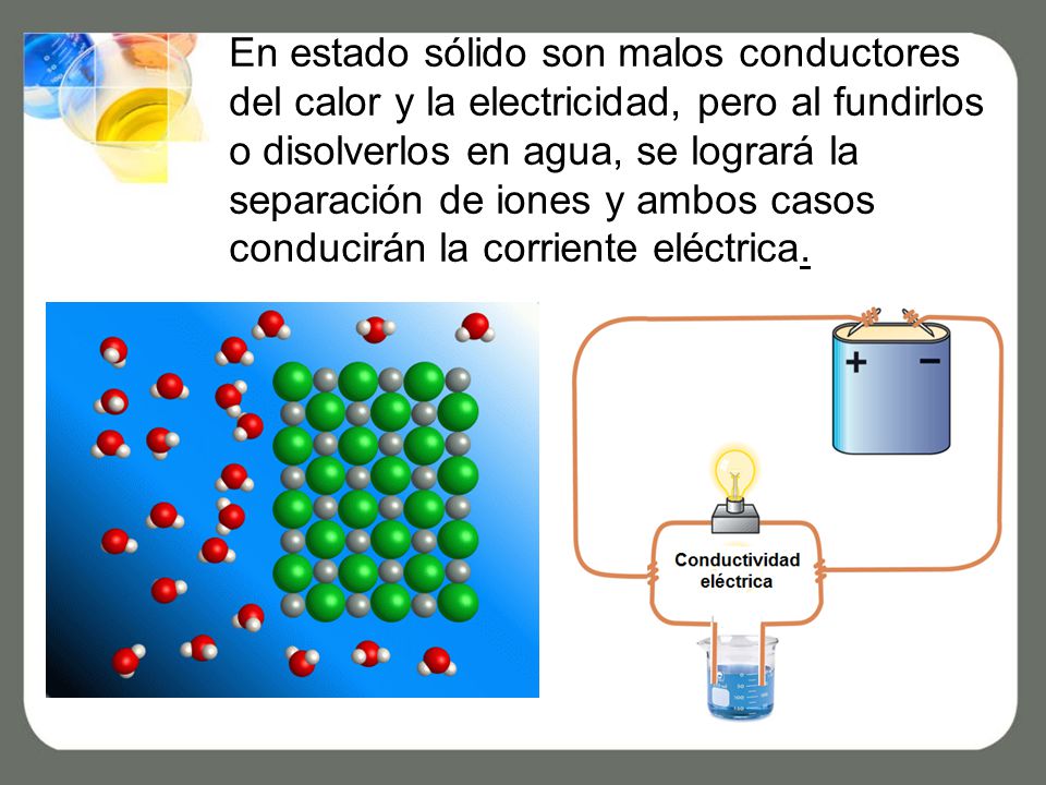 En estado sólido son malos conductores del calor y la electricidad, pero al fundirlos o disolverlos en agua, se logrará la separación de iones y ambos casos conducirán la corriente eléctrica.