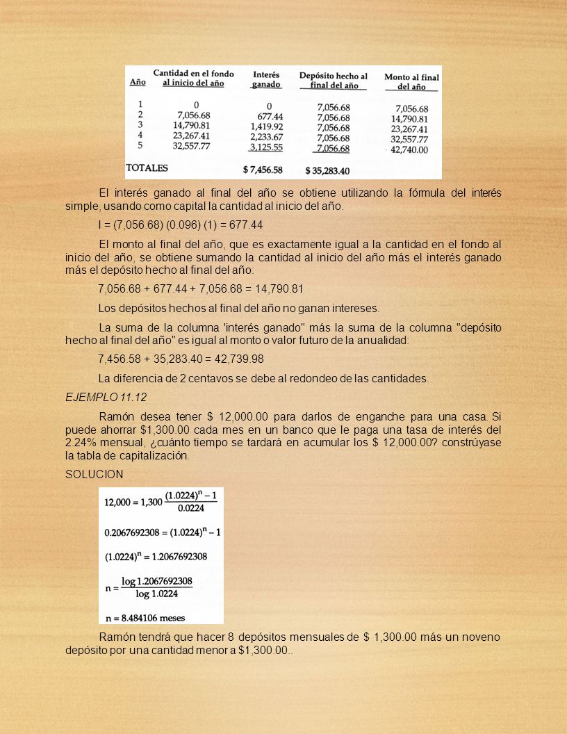 El interés ganado al final del año se obtiene utilizando la fórmula del interés simple, usando como capital la cantidad al inicio del año.