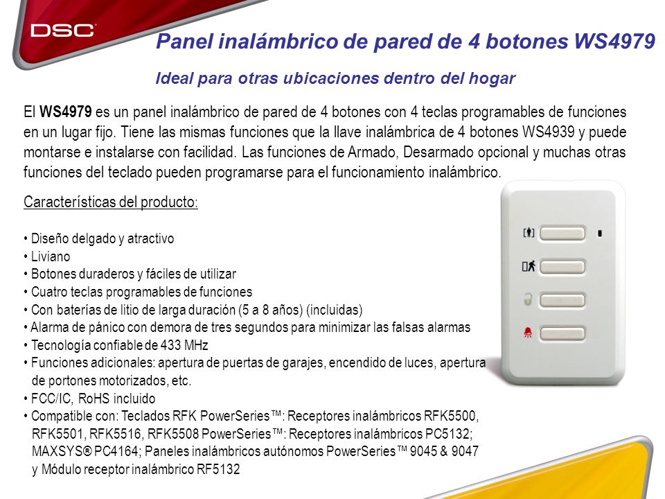 Panel inalámbrico de pared de 4 botones WS4979 Ideal para otras ubicaciones dentro del hogar