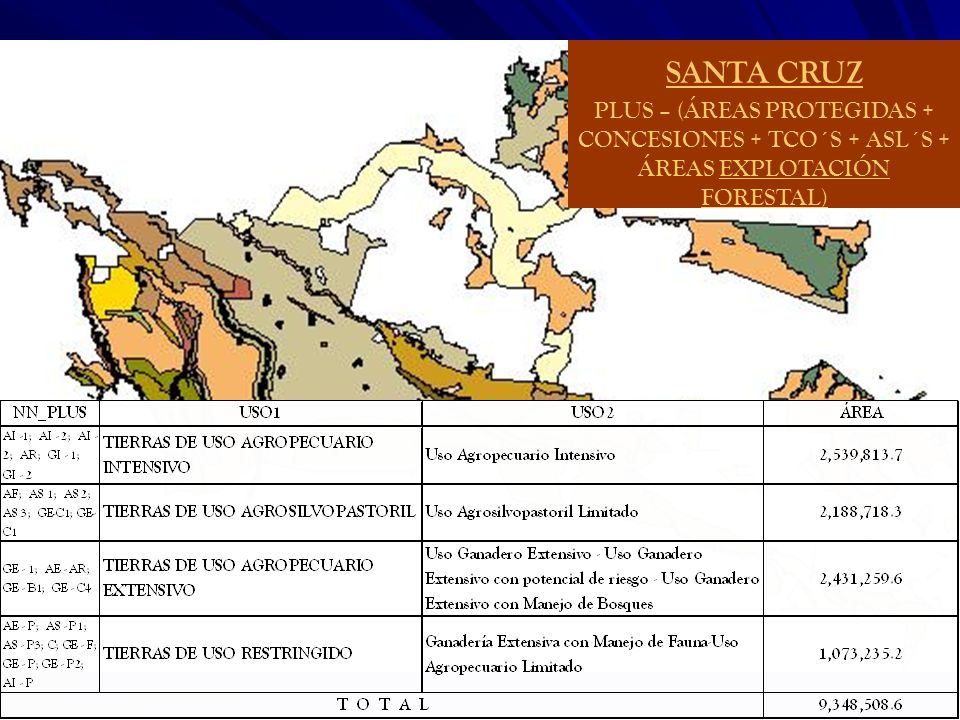 SANTA CRUZ PLUS – (ÁREAS PROTEGIDAS + CONCESIONES + TCO´S + ASL´S + ÁREAS EXPLOTACIÓN FORESTAL)
