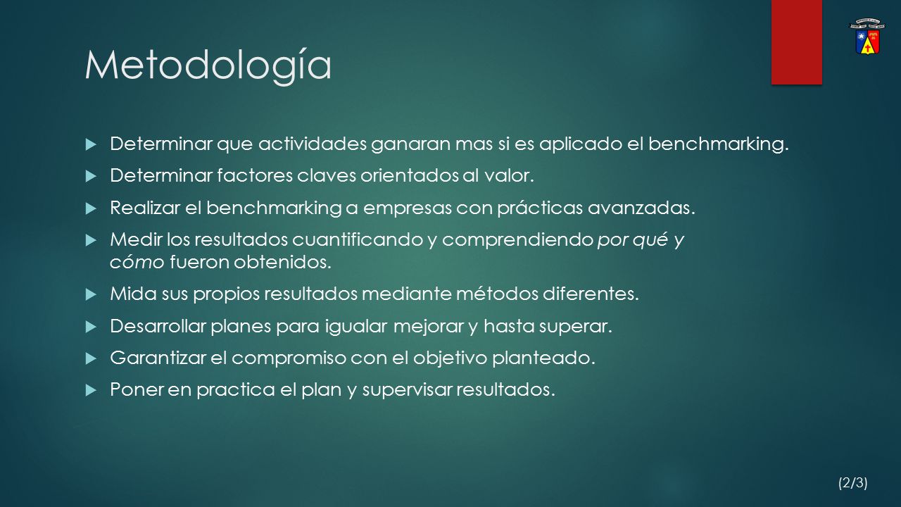 Metodología Determinar que actividades ganaran mas si es aplicado el benchmarking. Determinar factores claves orientados al valor.