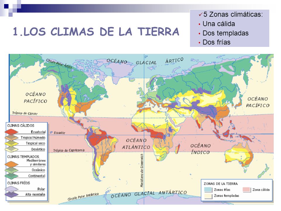 1.LOS CLIMAS DE LA TIERRA 5 Zonas climáticas: Una cálida Dos templadas