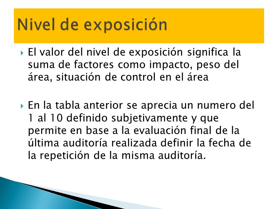 Nivel de exposición El valor del nivel de exposición significa la suma de factores como impacto, peso del área, situación de control en el área.