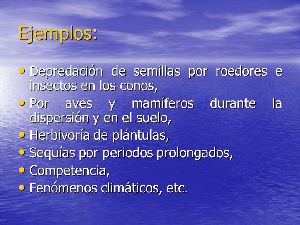 Ejemplos: Depredación de semillas por roedores e insectos en los conos, Por aves y mamíferos durante la dispersión y en el suelo,