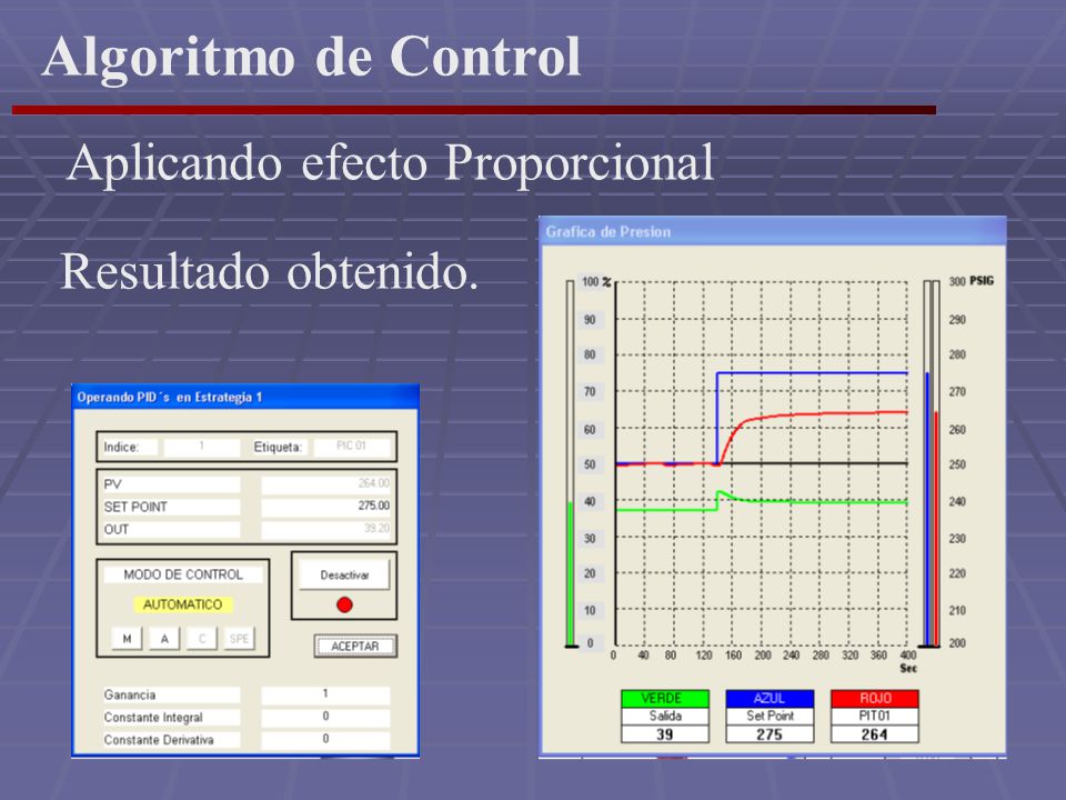 Algoritmo de Control Aplicando efecto Proporcional Resultado obtenido.