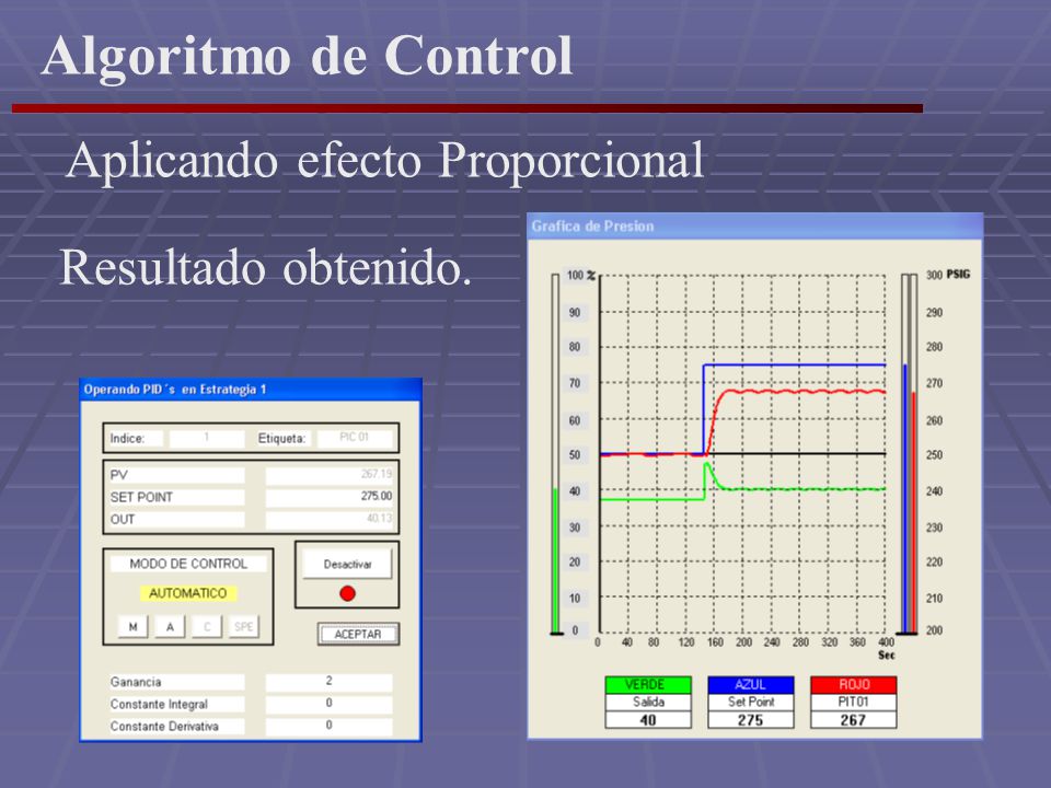 Algoritmo de Control Aplicando efecto Proporcional Resultado obtenido.