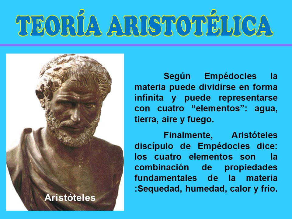 Según Empédocles la materia puede dividirse en forma infinita y puede representarse con cuatro elementos : agua, tierra, aire y fuego.