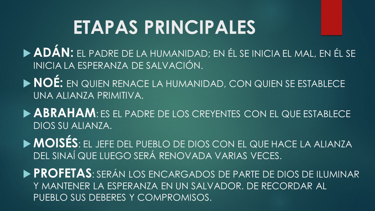 ETAPAS PRINCIPALES ADÁN: EL PADRE DE LA HUMANIDAD; EN ÉL SE INICIA EL MAL, EN ÉL SE INICIA LA ESPERANZA DE SALVACIÓN.
