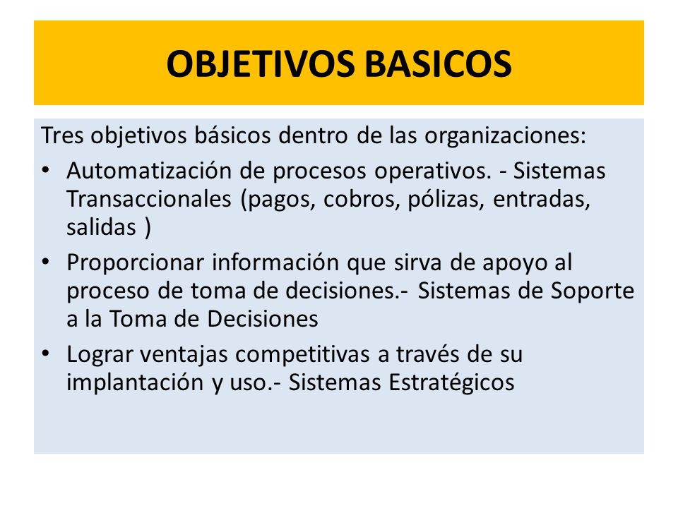 OBJETIVOS BASICOS Tres objetivos básicos dentro de las organizaciones: