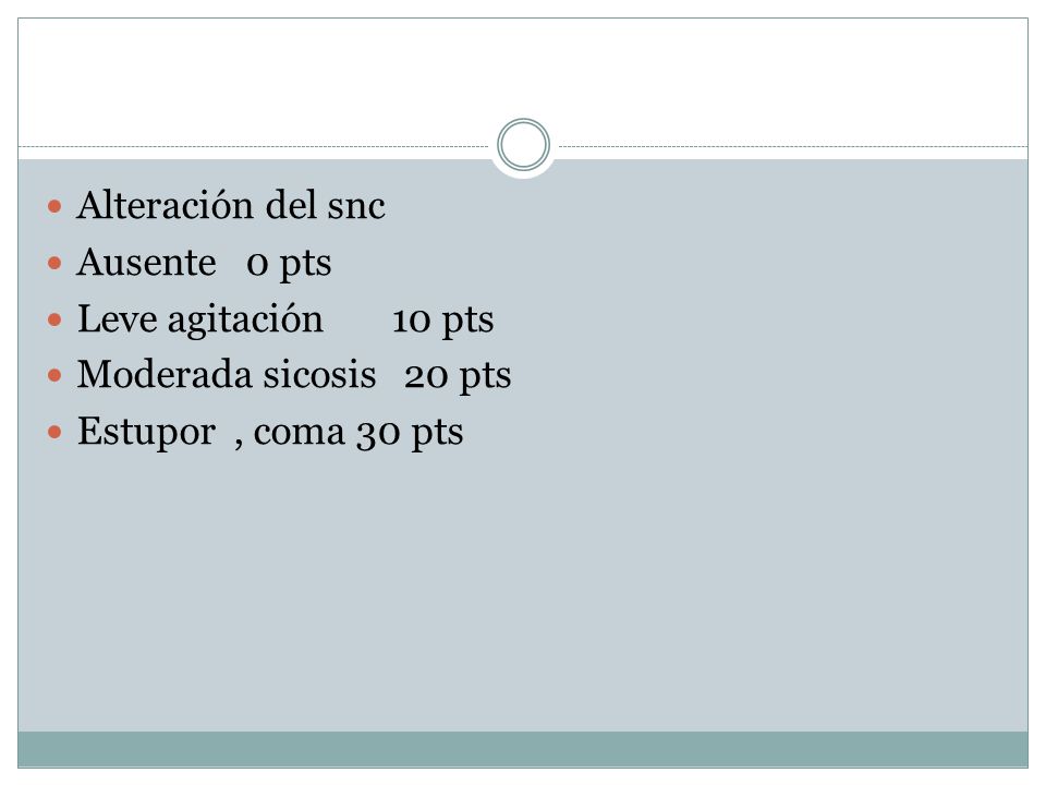 Alteración del snc Ausente 0 pts. Leve agitación 10 pts.