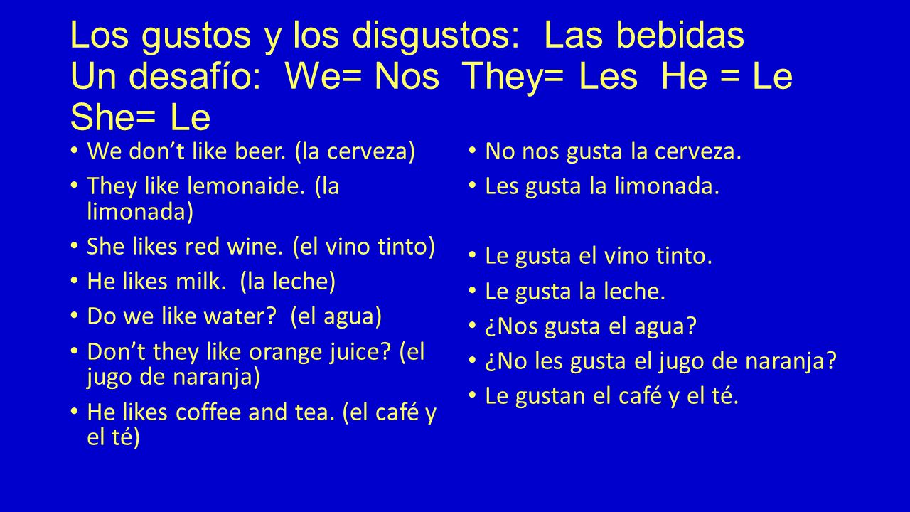 Los gustos y los disgustos: Las bebidas Un desafío: We= Nos They= Les He = Le She= Le