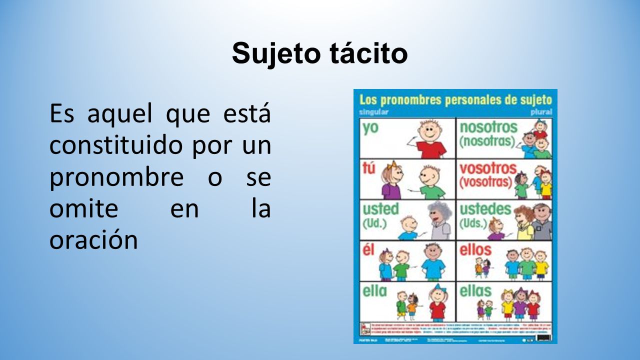 Sujeto tácito Es aquel que está constituido por un pronombre o se omite en la oración