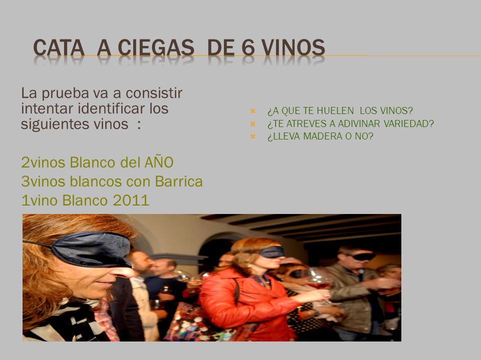 cata A CIEGAS DE 6 VINOS La prueba va a consistir intentar identificar los siguientes vinos : 2vinos Blanco del AÑO.