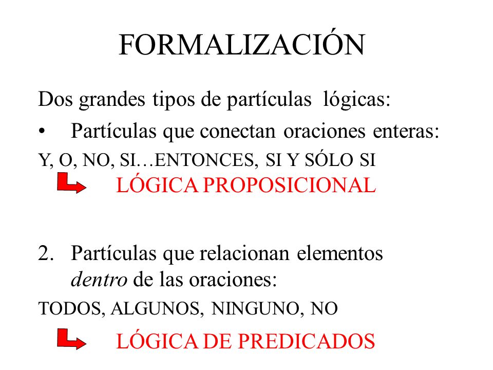 FORMALIZACIÓN Dos grandes tipos de partículas lógicas: