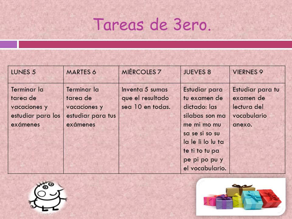 Tareas de 3ero. LUNES 5 MARTES 6 MIÉRCOLES 7 JUEVES 8 VIERNES 9