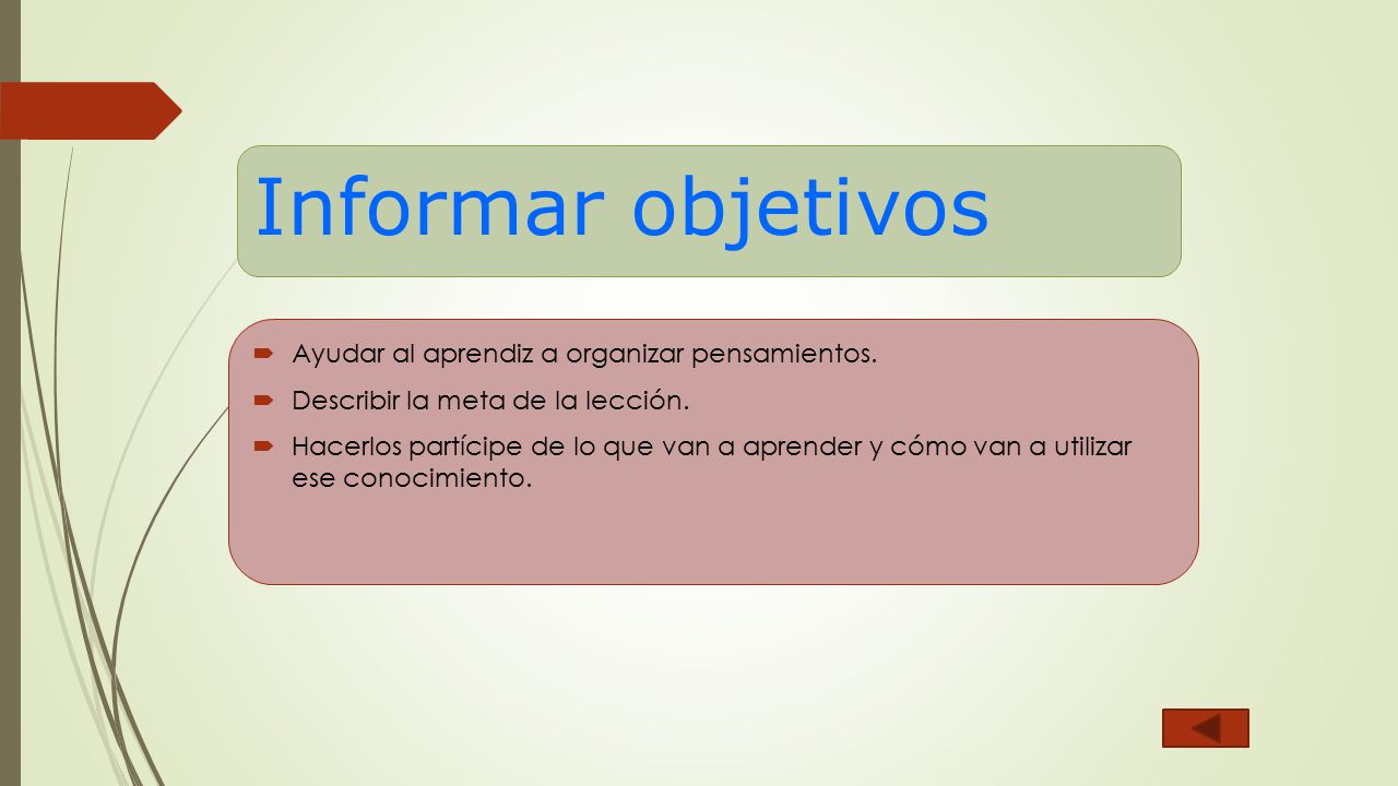 Informar objetivos Ayudar al aprendiz a organizar pensamientos.