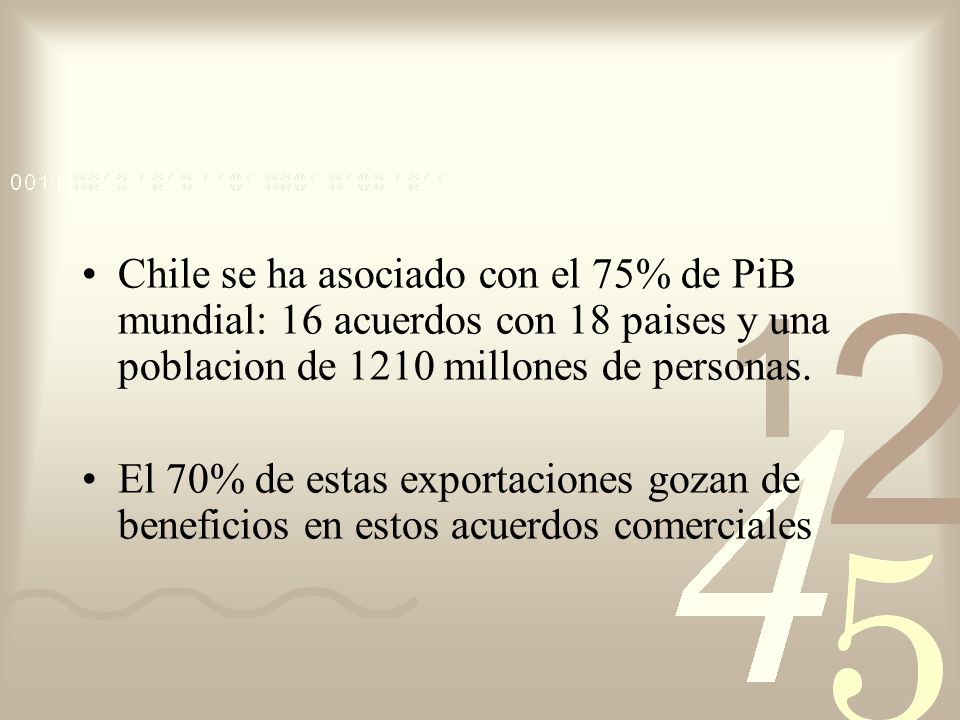 Chile se ha asociado con el 75% de PiB mundial: 16 acuerdos con 18 paises y una poblacion de 1210 millones de personas.