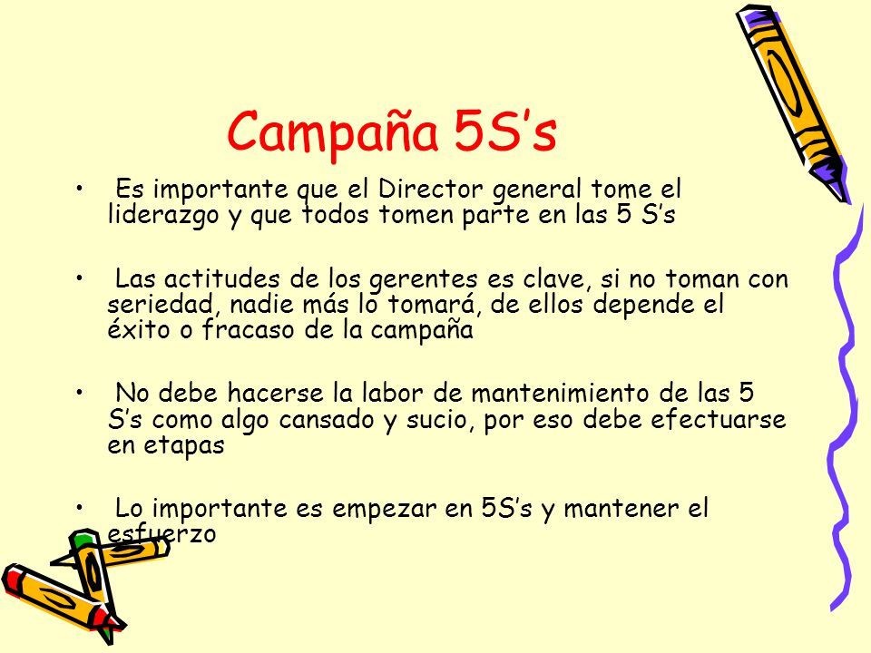Campaña 5S’s Es importante que el Director general tome el liderazgo y que todos tomen parte en las 5 S’s.