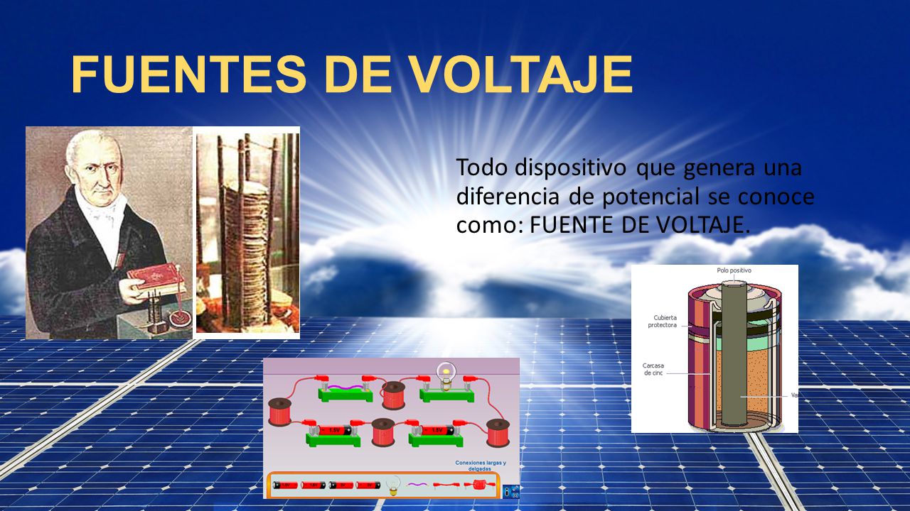 FUENTES DE VOLTAJE Todo dispositivo que genera una diferencia de potencial se conoce como: FUENTE DE VOLTAJE.