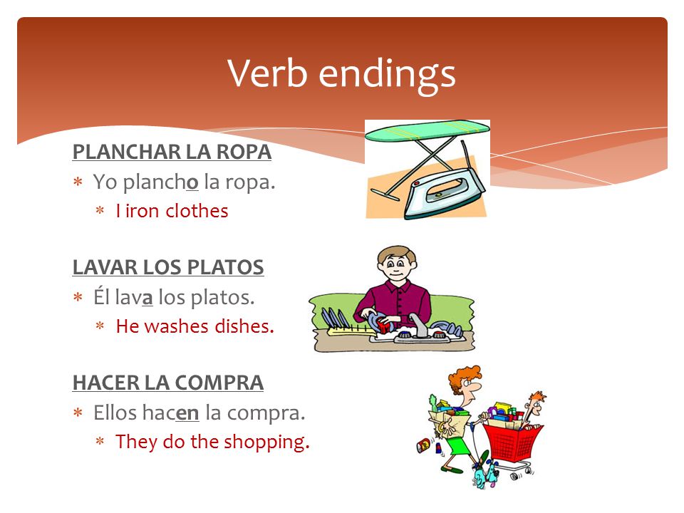 Verb endings PLANCHAR LA ROPA Yo plancho la ropa. LAVAR LOS PLATOS
