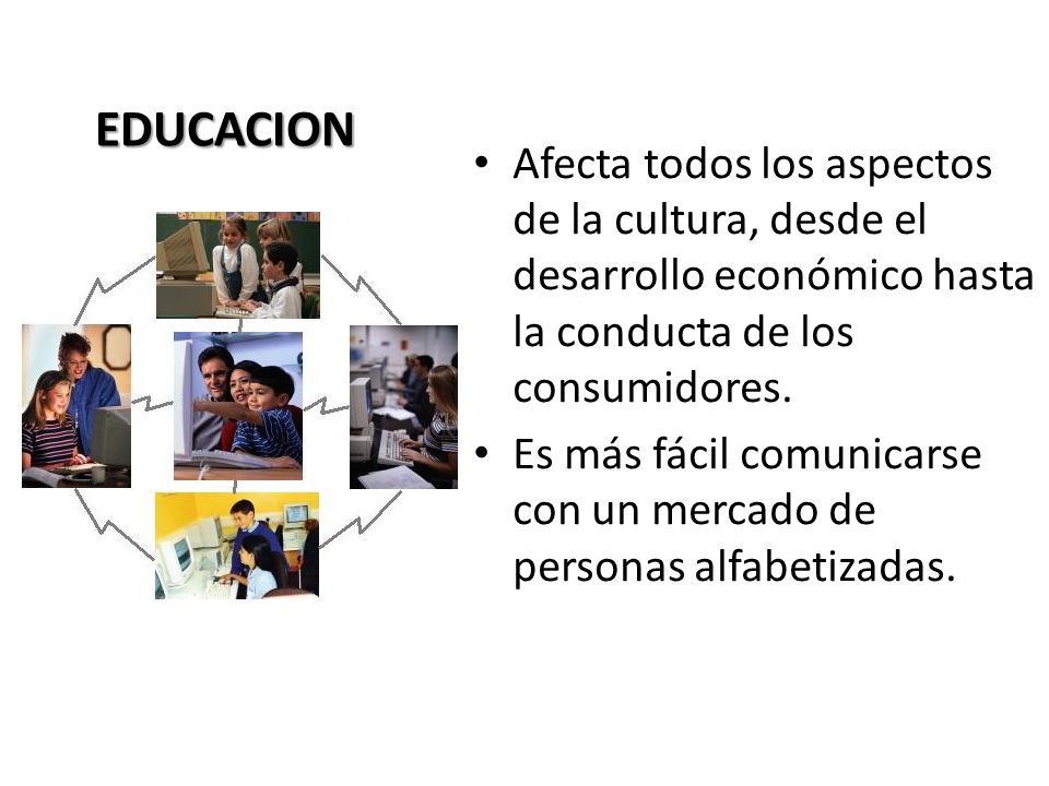 EDUCACION Afecta todos los aspectos de la cultura, desde el desarrollo económico hasta la conducta de los consumidores.
