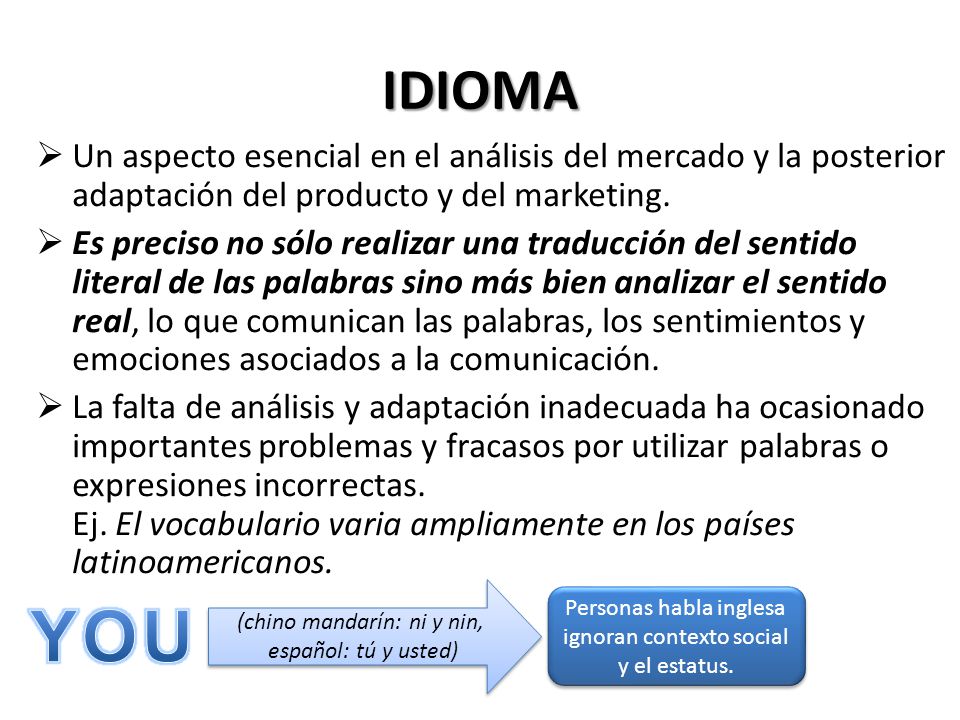 IDIOMA Un aspecto esencial en el análisis del mercado y la posterior adaptación del producto y del marketing.