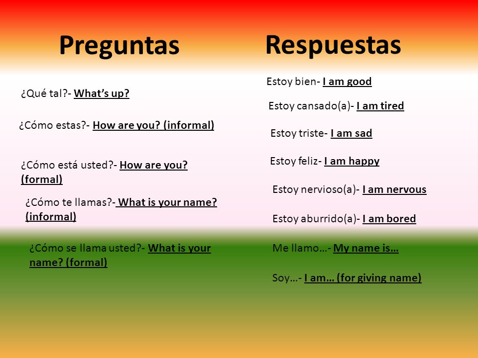 Preguntas Respuestas Estoy bien- I am good ¿Qué tal - What’s up