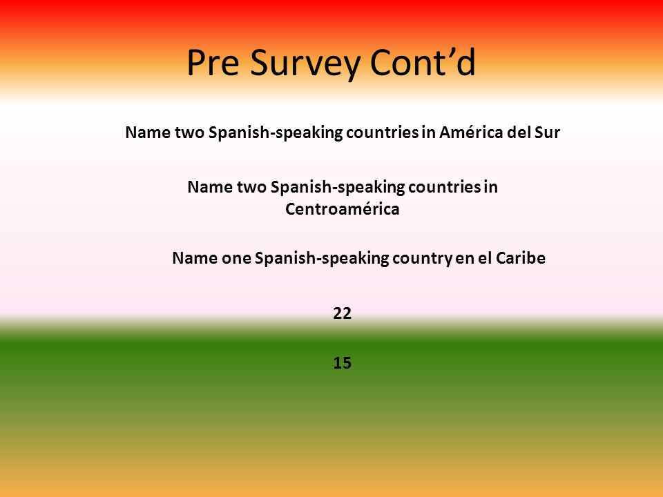 Pre Survey Cont’d Name two Spanish-speaking countries in América del Sur. Name two Spanish-speaking countries in Centroamérica.