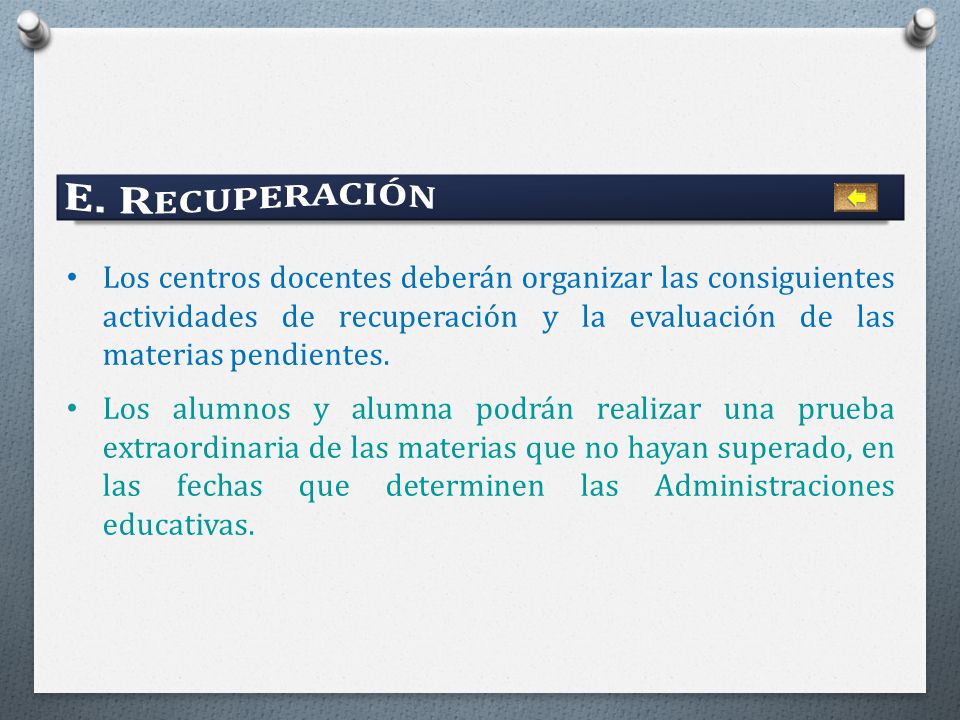 E. Recuperación Los centros docentes deberán organizar las consiguientes actividades de recuperación y la evaluación de las materias pendientes.