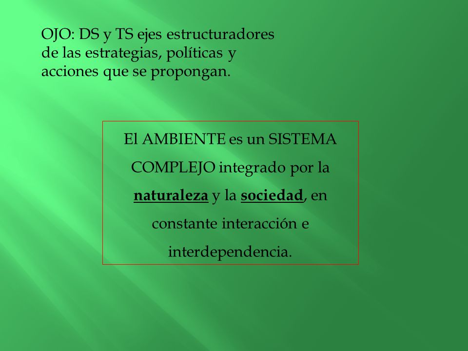 OJO: DS y TS ejes estructuradores de las estrategias, políticas y acciones que se propongan.