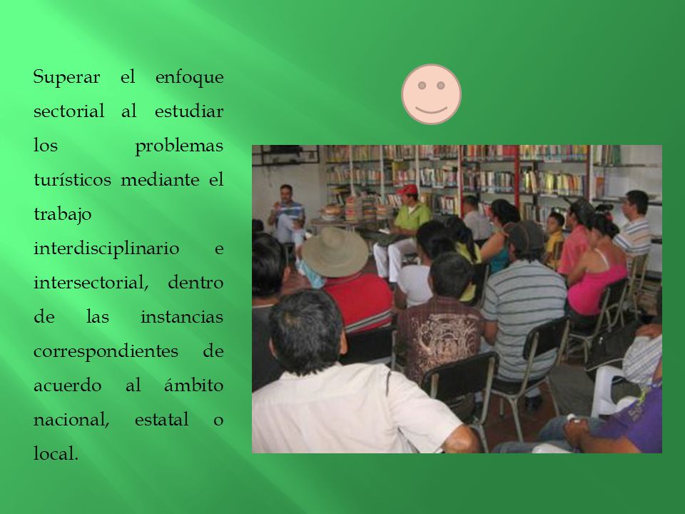 Superar el enfoque sectorial al estudiar los problemas turísticos mediante el trabajo interdisciplinario e intersectorial, dentro de las instancias correspondientes de acuerdo al ámbito nacional, estatal o local.