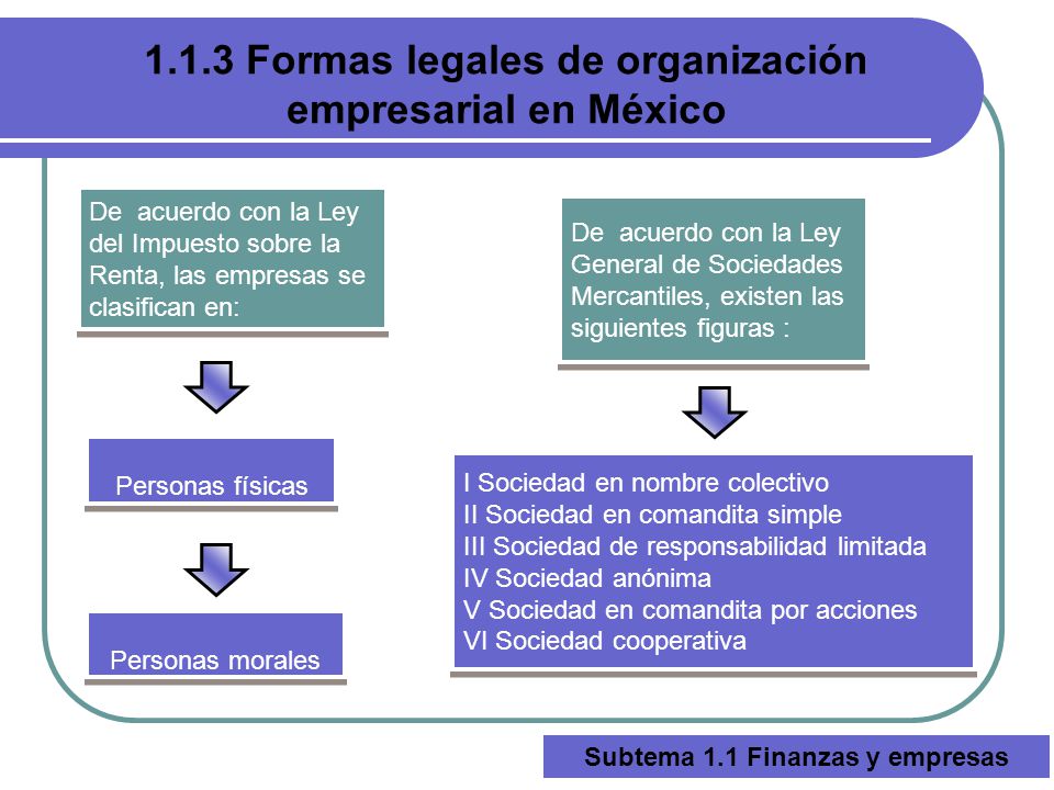1.1.3 Formas legales de organización Subtema 1.1 Finanzas y empresas