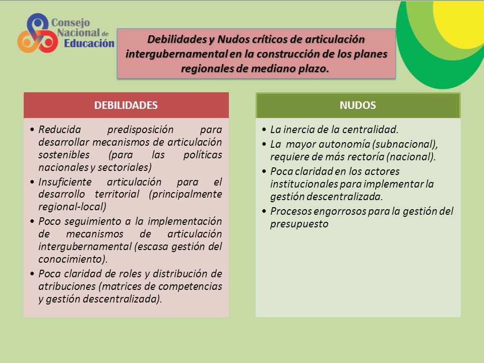 Debilidades y Nudos críticos de articulación intergubernamental en la construcción de los planes regionales de mediano plazo.
